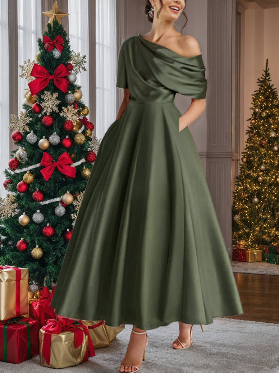 Robe Femme Satin Coupe Aline Épaule Dénudée Volants Longueur Cheville