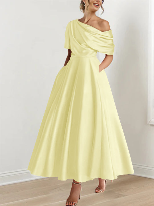 Robe Femme Satin Coupe Aline Épaule Dénudée Volants Longueur Cheville
