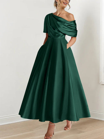 Robe Femme Satin Coupe Aline Épaule Dénudée Volants Longueur Cheville