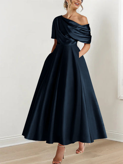 Robe Femme Satin Coupe Aline Épaule Dénudée Volants Longueur Cheville