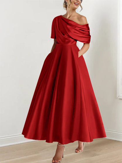 Robe Femme Satin Coupe Aline Épaule Dénudée Volants Longueur Cheville