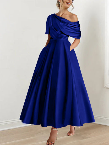 Robe Femme Satin Coupe Aline Épaule Dénudée Volants Longueur Cheville