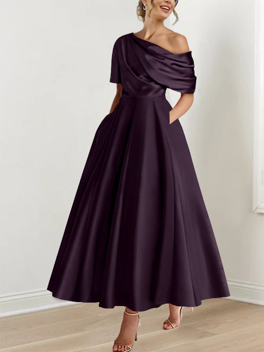Robe Femme Satin Coupe Aline Épaule Dénudée Volants Longueur Cheville