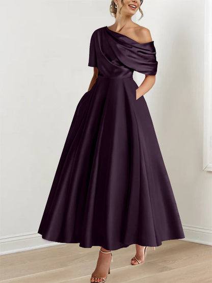 Robe Femme Satin Coupe Aline Épaule Dénudée Volants Longueur Cheville