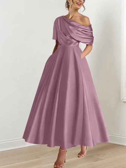 Robe Femme Satin Coupe Aline Épaule Dénudée Volants Longueur Cheville