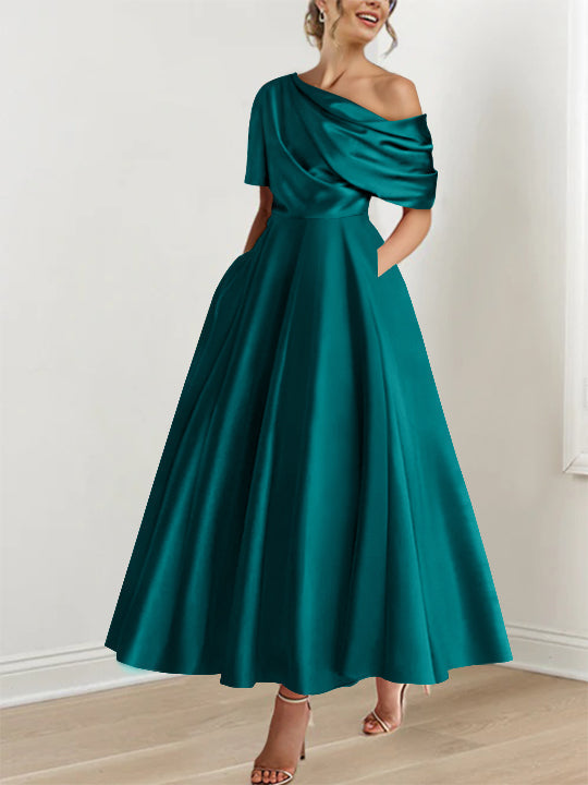Robe Femme Satin Coupe Aline Épaule Dénudée Volants Longueur Cheville
