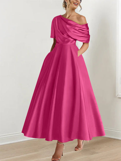 Robe Femme Satin Coupe Aline Épaule Dénudée Volants Longueur Cheville