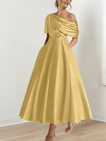 Robe Femme Satin Coupe Aline Épaule Dénudée Volants Longueur Cheville