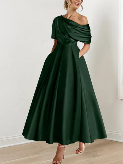 Robe Femme Satin Coupe Aline Épaule Dénudée Volants Longueur Cheville