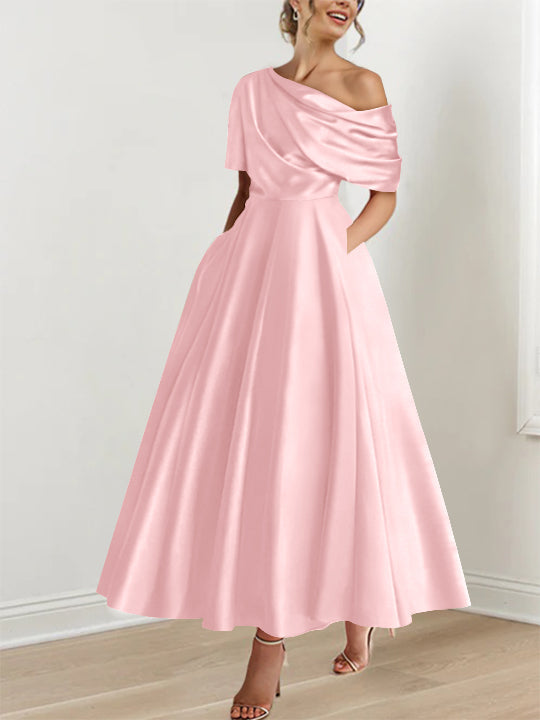 Robe Femme Satin Coupe Aline Épaule Dénudée Volants Longueur Cheville
