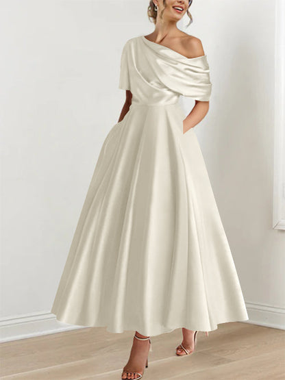 Robe Femme Satin Coupe Aline Épaule Dénudée Volants Longueur Cheville
