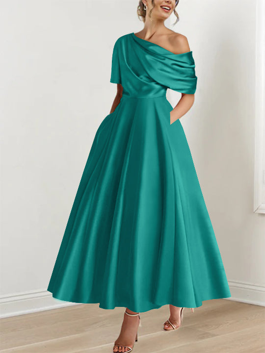 Robe Femme Satin Coupe Aline Épaule Dénudée Volants Longueur Cheville