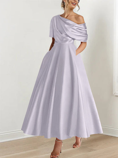 Robe Femme Satin Coupe Aline Épaule Dénudée Volants Longueur Cheville