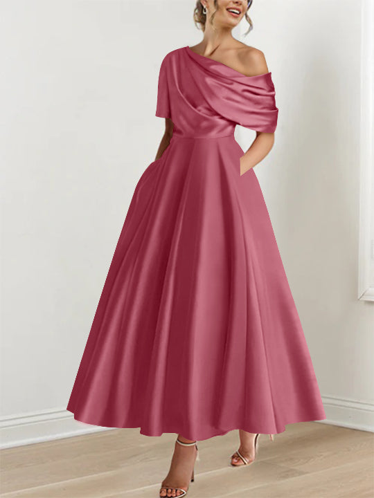 Robe Femme Satin Coupe Aline Épaule Dénudée Volants Longueur Cheville