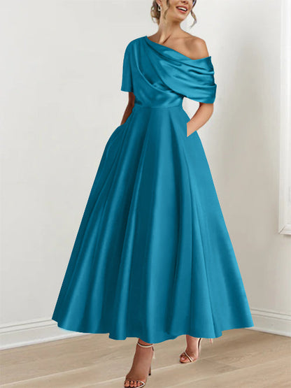 Robe Femme Satin Coupe Aline Épaule Dénudée Volants Longueur Cheville