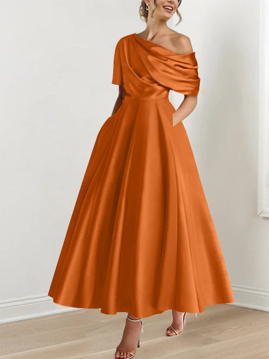 Robe Femme Satin Coupe Aline Épaule Dénudée Volants Longueur Cheville
