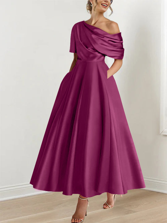 Robe Femme Satin Coupe Aline Épaule Dénudée Volants Longueur Cheville
