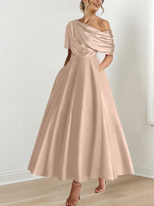 Robe Femme Satin Coupe Aline Épaule Dénudée Volants Longueur Cheville