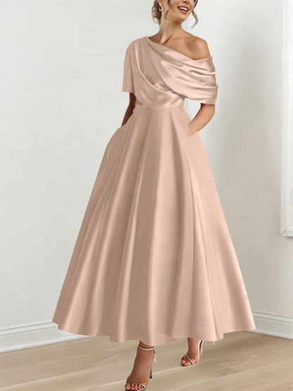 Robe Femme Satin Coupe Aline Épaule Dénudée Volants Longueur Cheville