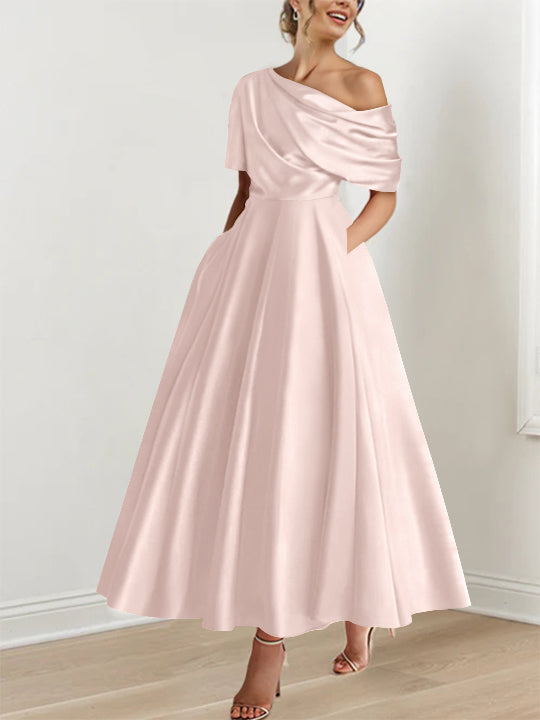 Robe Femme Satin Coupe Aline Épaule Dénudée Volants Longueur Cheville