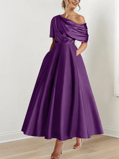 Robe Femme Satin Coupe Aline Épaule Dénudée Volants Longueur Cheville