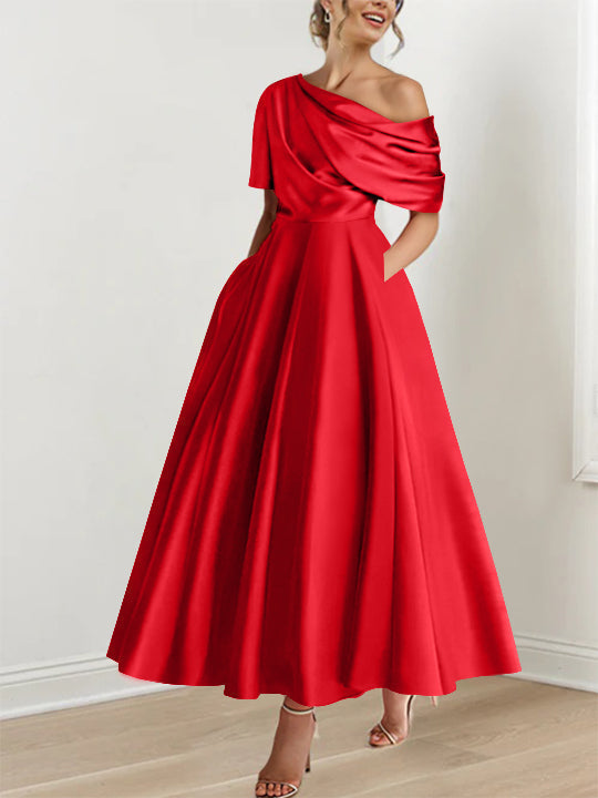 Robe Femme Satin Coupe Aline Épaule Dénudée Volants Longueur Cheville