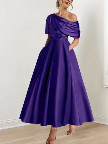 Robe Femme Satin Coupe Aline Épaule Dénudée Volants Longueur Cheville