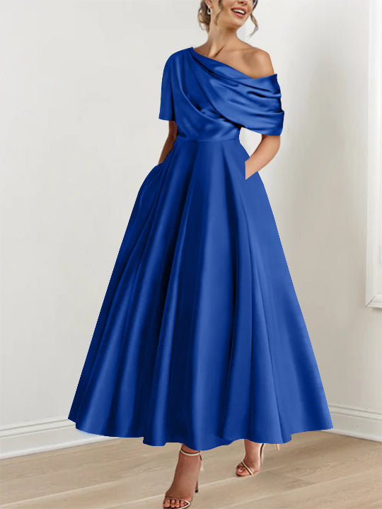 Robe Femme Satin Coupe Aline Épaule Dénudée Volants Longueur Cheville