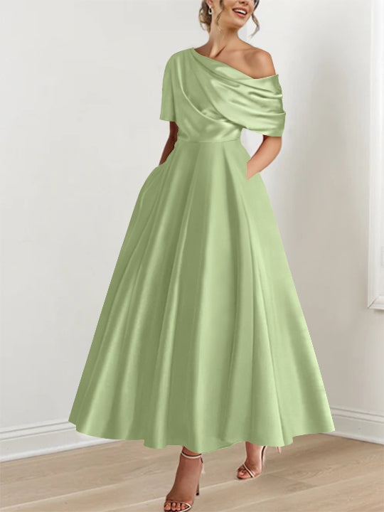 Robe Femme Satin Coupe Aline Épaule Dénudée Volants Longueur Cheville