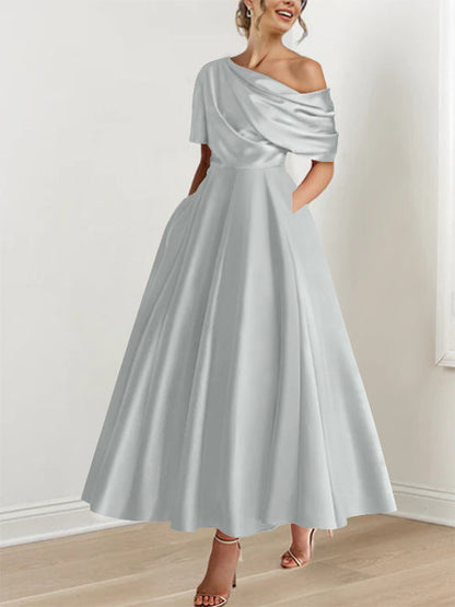 Robe Femme Satin Coupe Aline Épaule Dénudée Volants Longueur Cheville