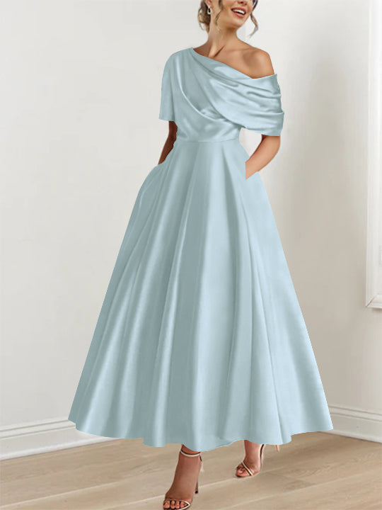 Robe Femme Satin Coupe Aline Épaule Dénudée Volants Longueur Cheville
