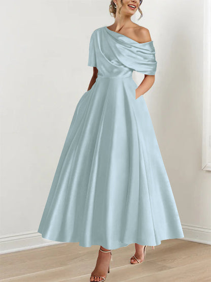 Robe Femme Satin Coupe Aline Épaule Dénudée Volants Longueur Cheville