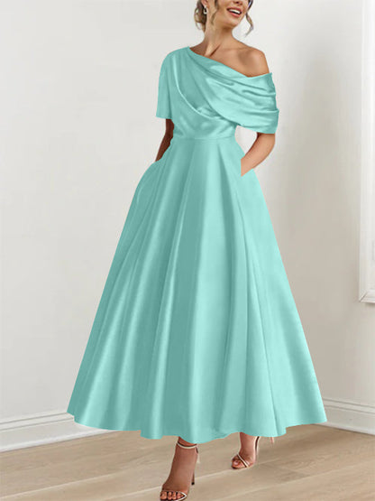 Robe Femme Satin Coupe Aline Épaule Dénudée Volants Longueur Cheville
