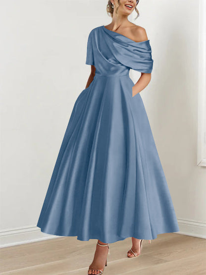 Robe Femme Satin Coupe Aline Épaule Dénudée Volants Longueur Cheville