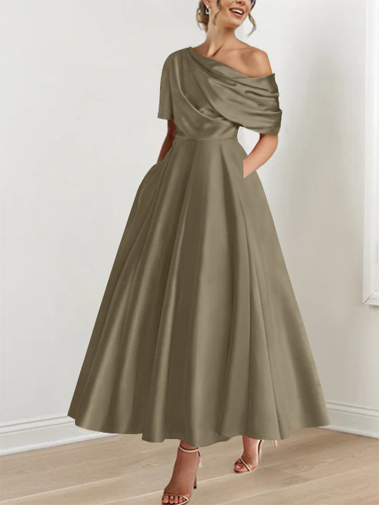 Robe Femme Satin Coupe Aline Épaule Dénudée Volants Longueur Cheville