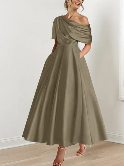 Robe Femme Satin Coupe Aline Épaule Dénudée Volants Longueur Cheville