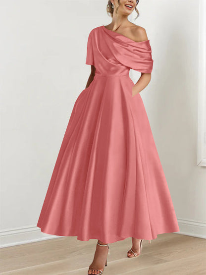 Robe Femme Satin Coupe Aline Épaule Dénudée Volants Longueur Cheville
