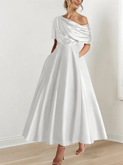 Robe Femme Satin Coupe Aline Épaule Dénudée Volants Longueur Cheville