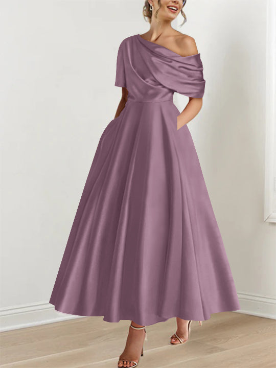 Robe Femme Satin Coupe Aline Épaule Dénudée Volants Longueur Cheville