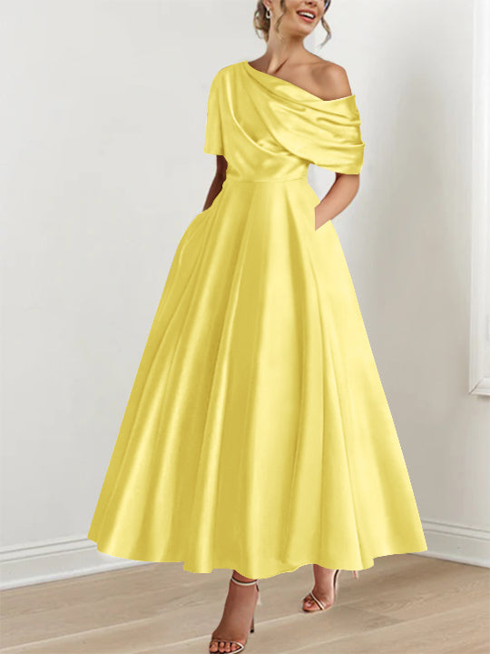 Robe Femme Satin Coupe Aline Épaule Dénudée Volants Longueur Cheville