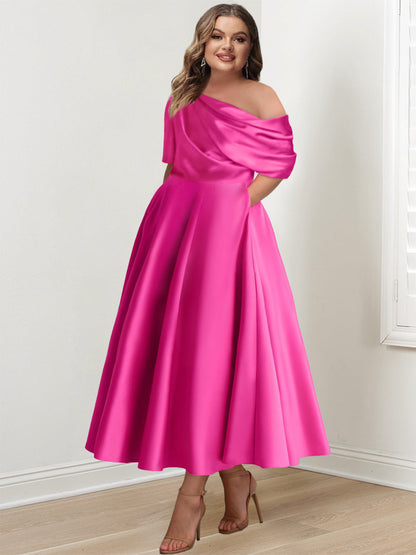 Robe Femme Satin Coupe Aline Épaule Dénudée Volants Longueur Cheville