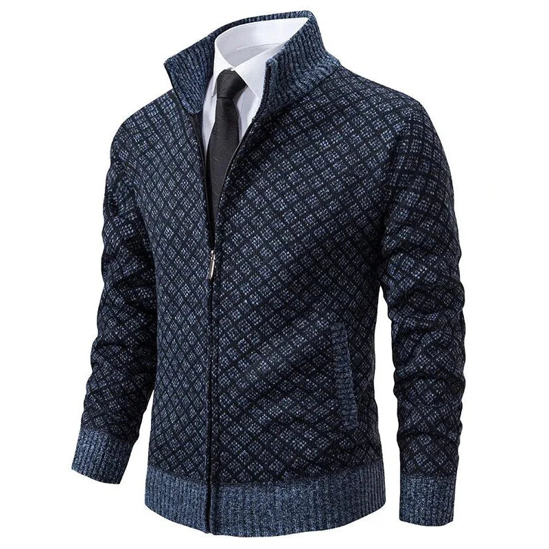 Cardigan Homme Tricot Jacquard Losangé Zippé Col Montant