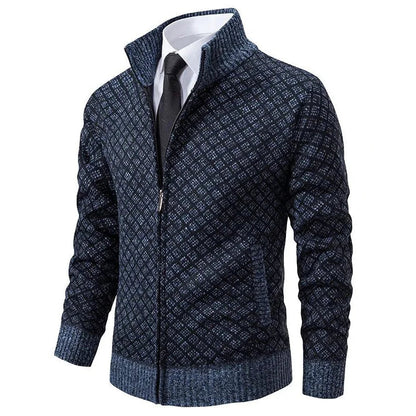 Cardigan Homme Tricot Jacquard Losangé Zippé Col Montant