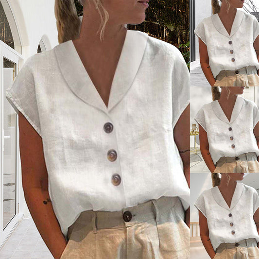 Blouse en Lin Blanc Élégant Manches Courtes - PanierRoyale