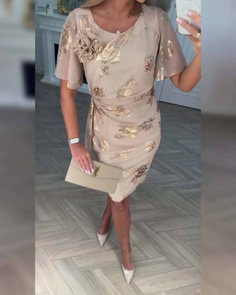 Robe midi Femme Taille Cintrée Manches Courtes en Tissu Imprimé