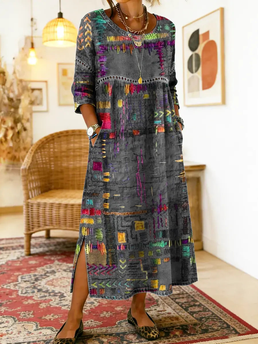 Robe Femme Denim Patchwork Ethnique Coupe Fluide