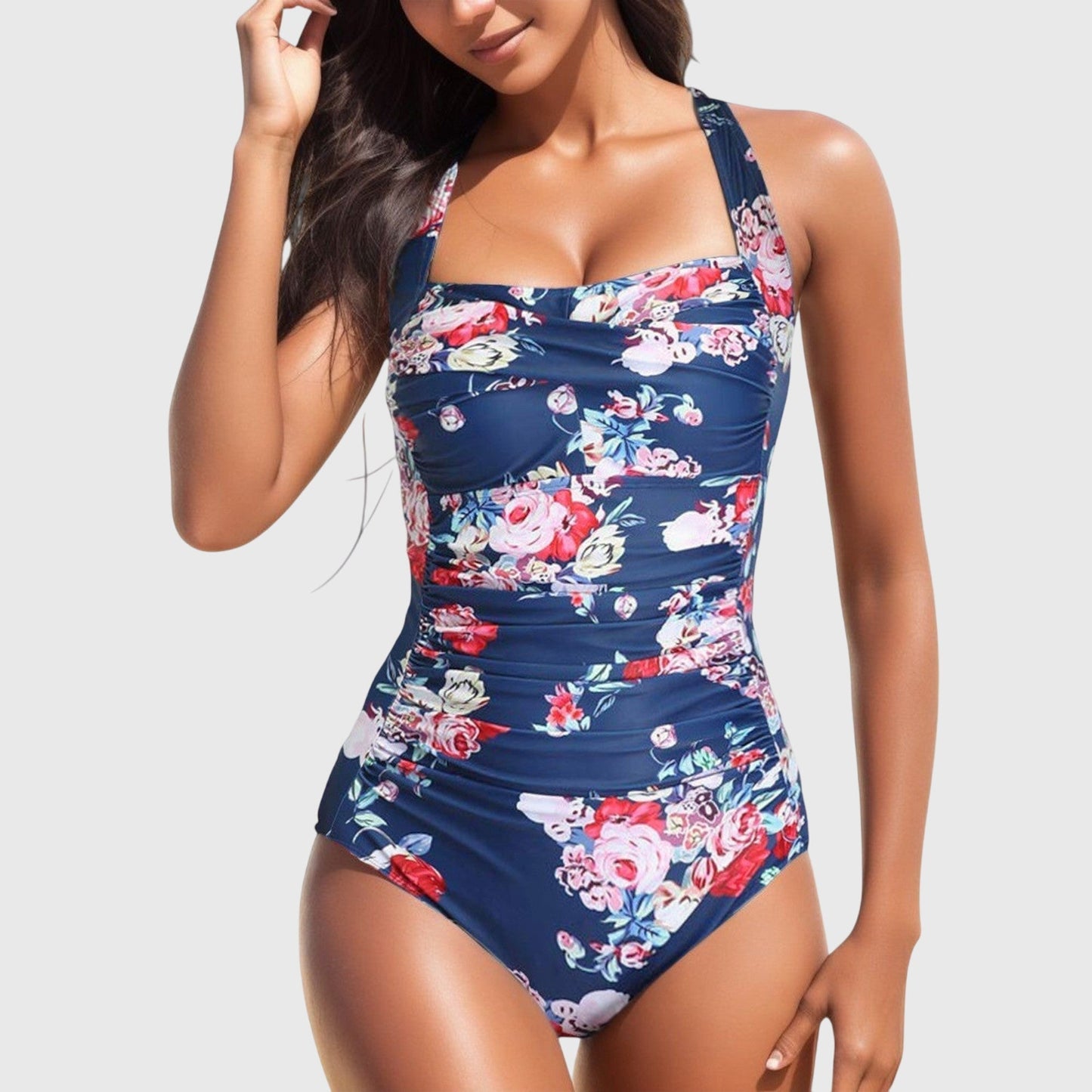 Maillot de bain une pièce Femme Imprimé Tropical Froncé Col Carré