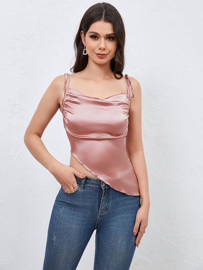 Top femme court en satin rose avec décolleté asymétrique - BerlinGlamour