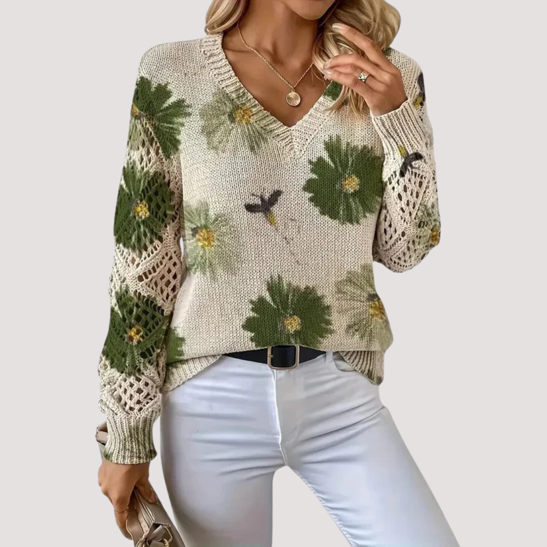 Pull Femme Col Rond Léger avec Imprimé Fleuri