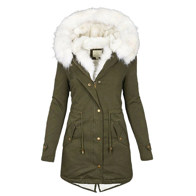 Manteau Femme Hiver Élégant avec Capuche et Col en Fourrure Synthétique